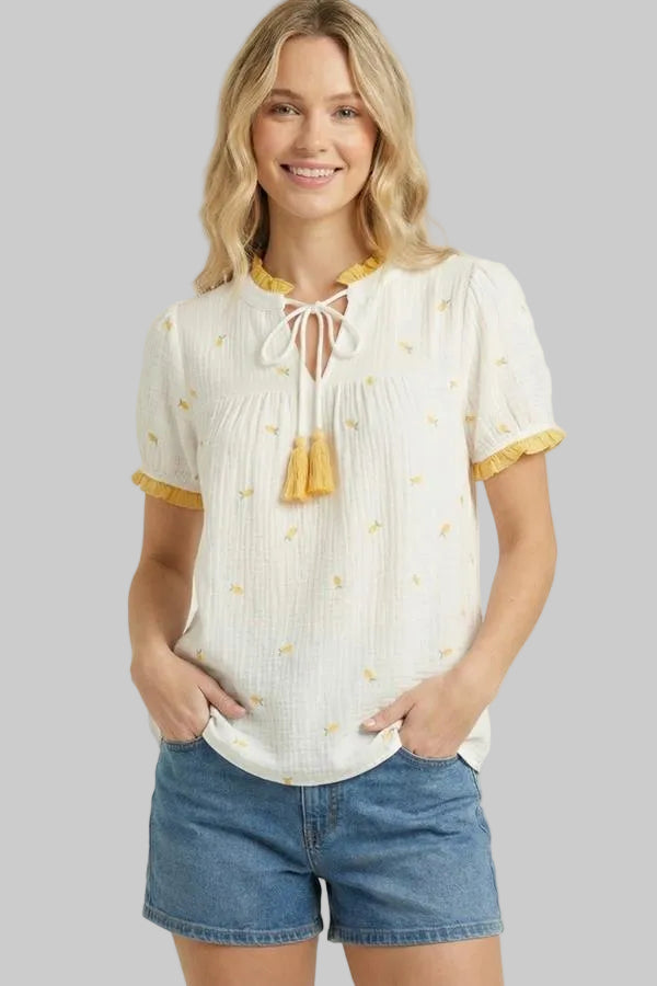 CONTRAST RUFFLE NECK HALF SLEEVE TOP - YELLOW