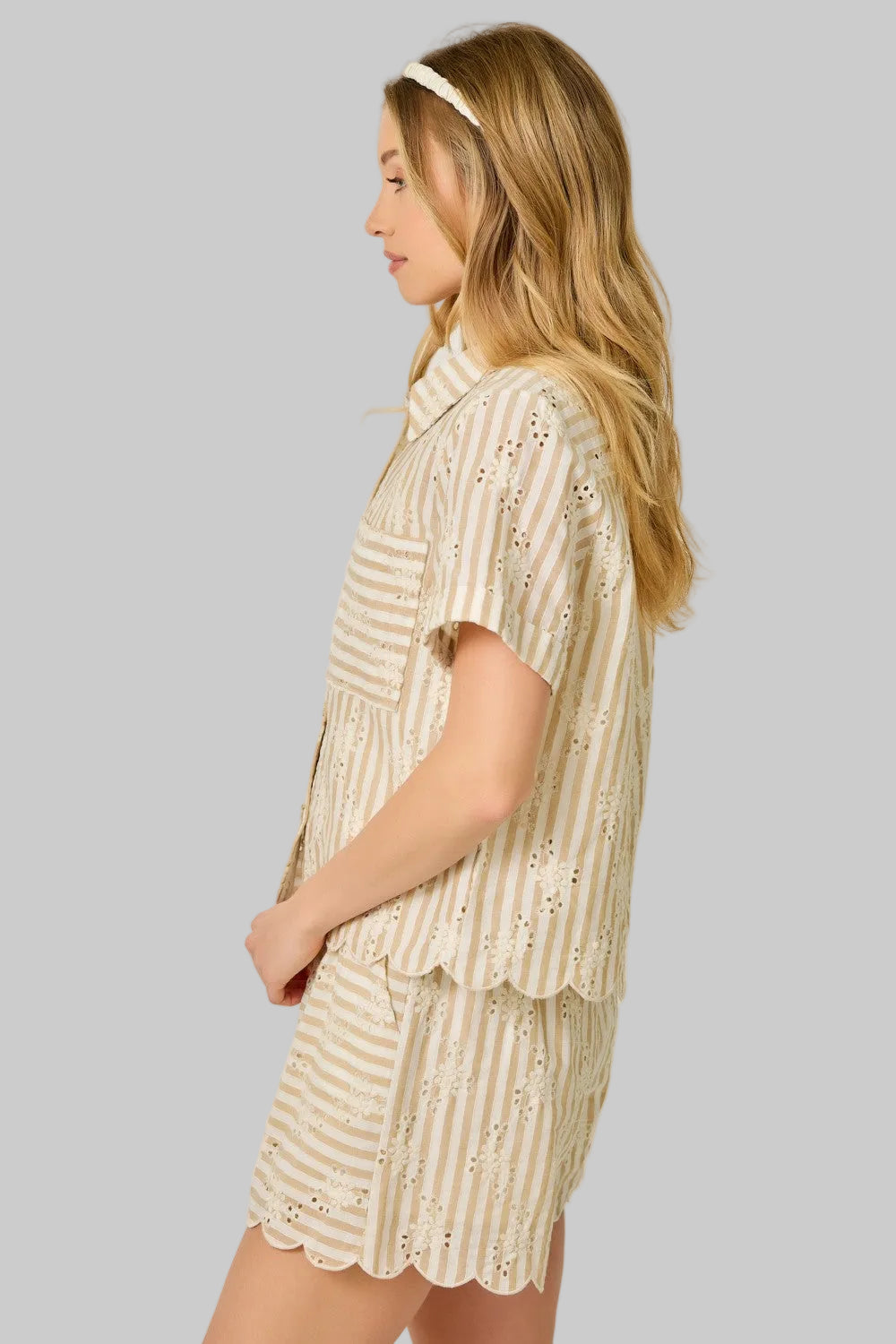 COLLARED PINSTRIPE EYELET BUTTON DOWN BLOUSE - TAUPE