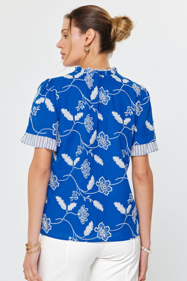 SHORT SLEEVE BOTANICAL EMBROIDERY BLOUSE - BLUE