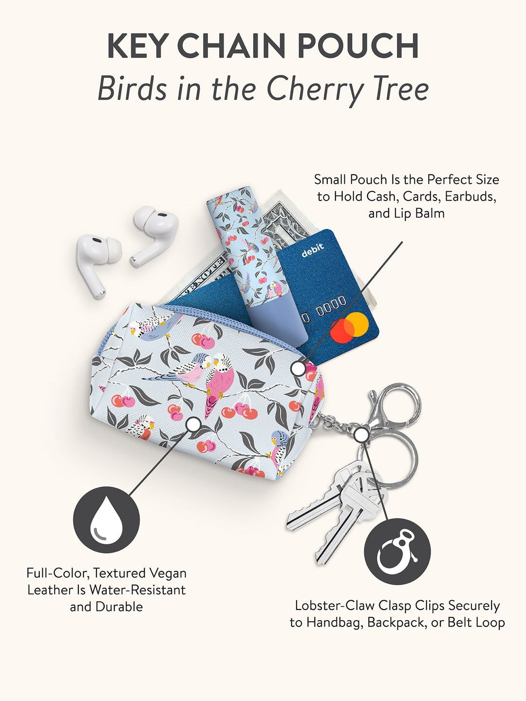 KEY CHAIN POUCH - BIRDS IN THE CHERRY TREE