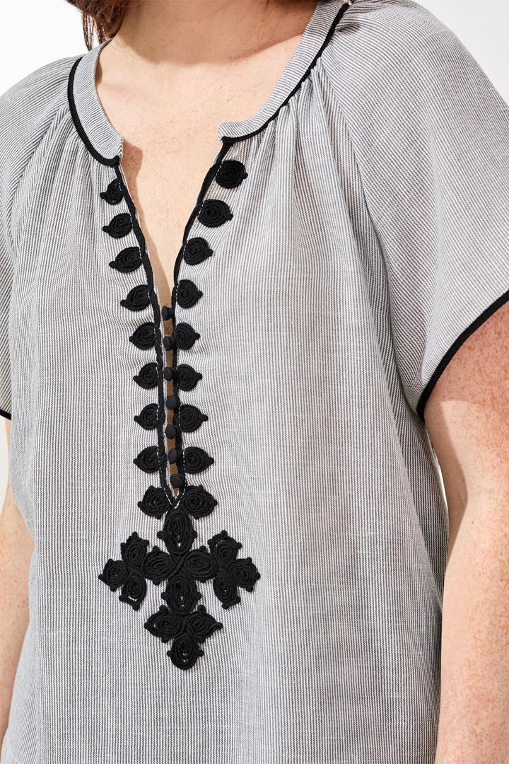 SHORT SLEEVE BLOUSE W/TAPE DETAIL - BLACK