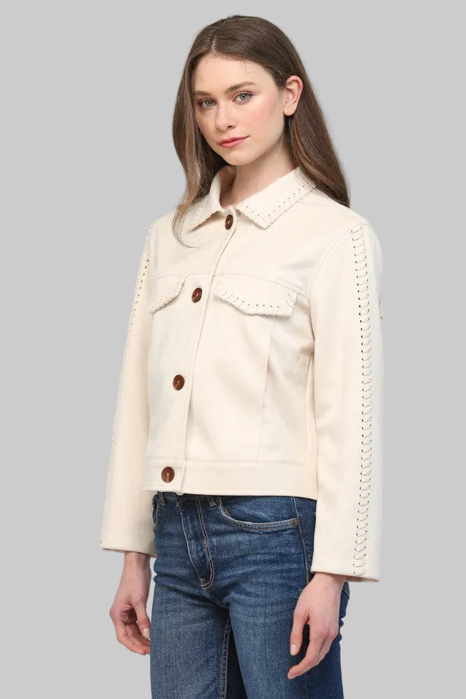 WHIPSTITCH DETAIL FAUX SUEDE JACKET - ECRU