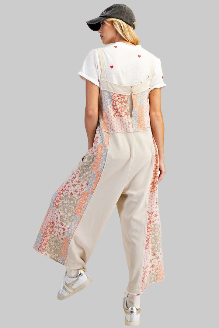 PATCHWORK PRINT MIX TERRY KNIT JUMPSUIT - ECRU