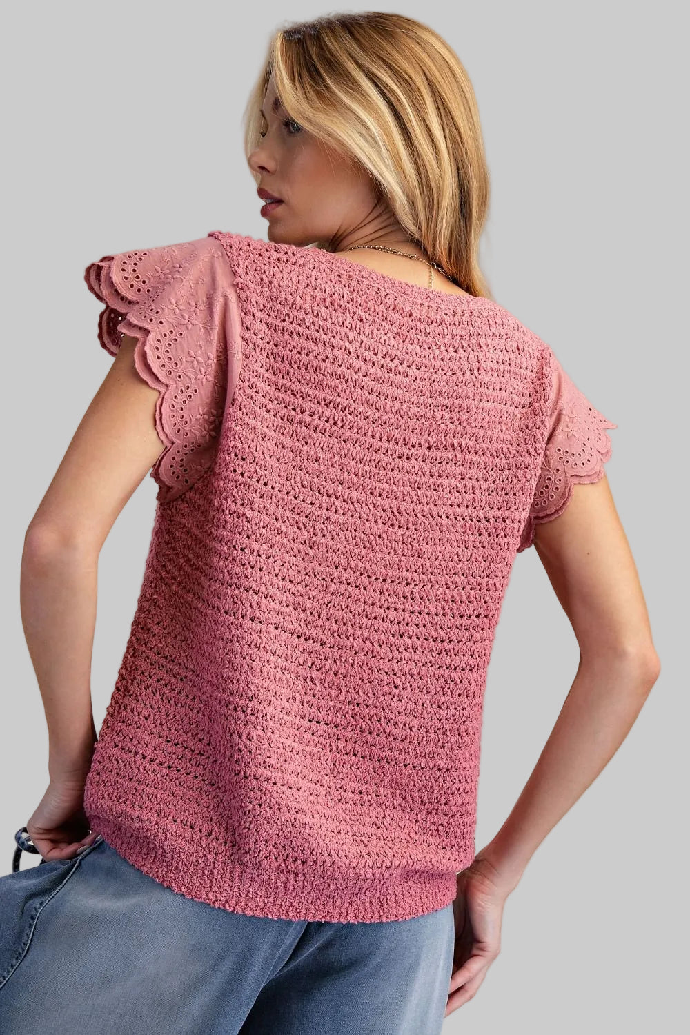 WING SHORT SLEEVE KNITTED SWEATER TOP - LIPSTICK PINK