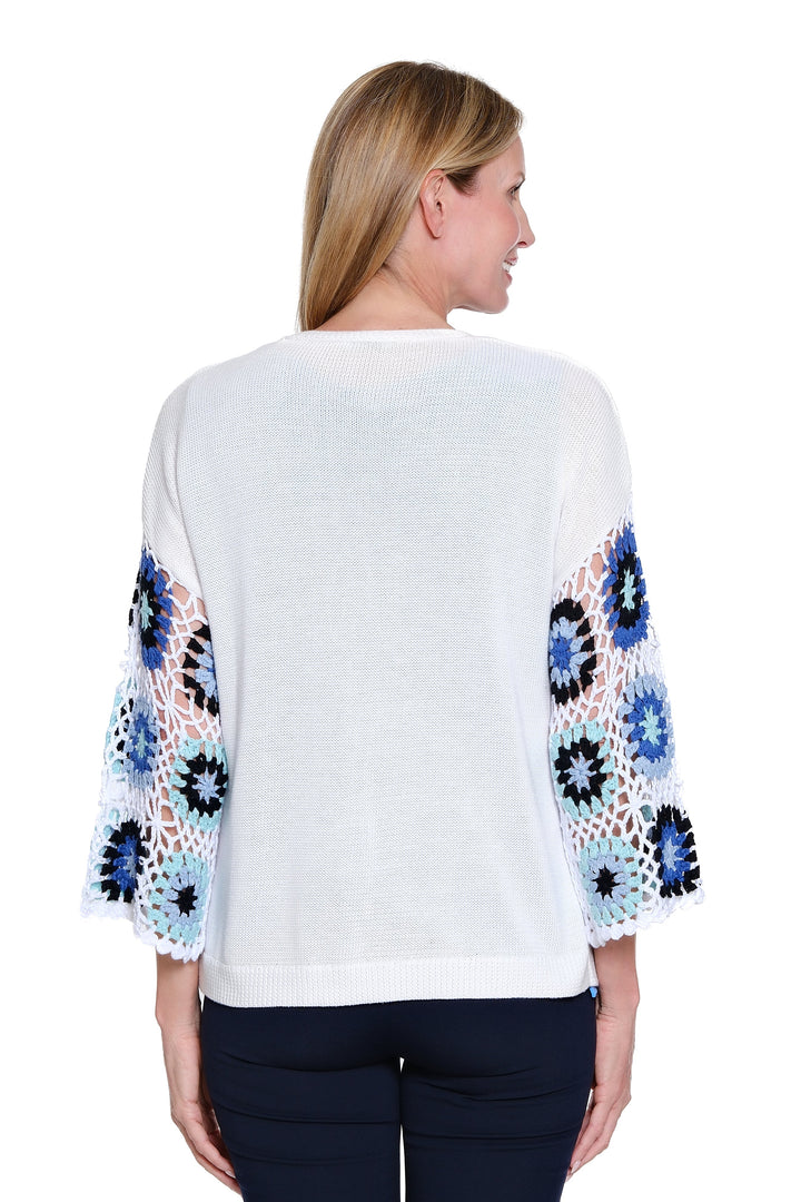 3/4 CROCHET SLEEVE OPEN FRONT CARDIGAN - WHITE