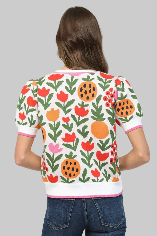 SHORT SLEEVE KNIT TROPICAL SWEATER - WHITE