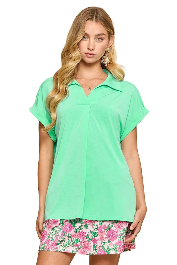 DEAR SCARLETT COLLARED SHORT SLEEVE TOP - CRUSHED MINT