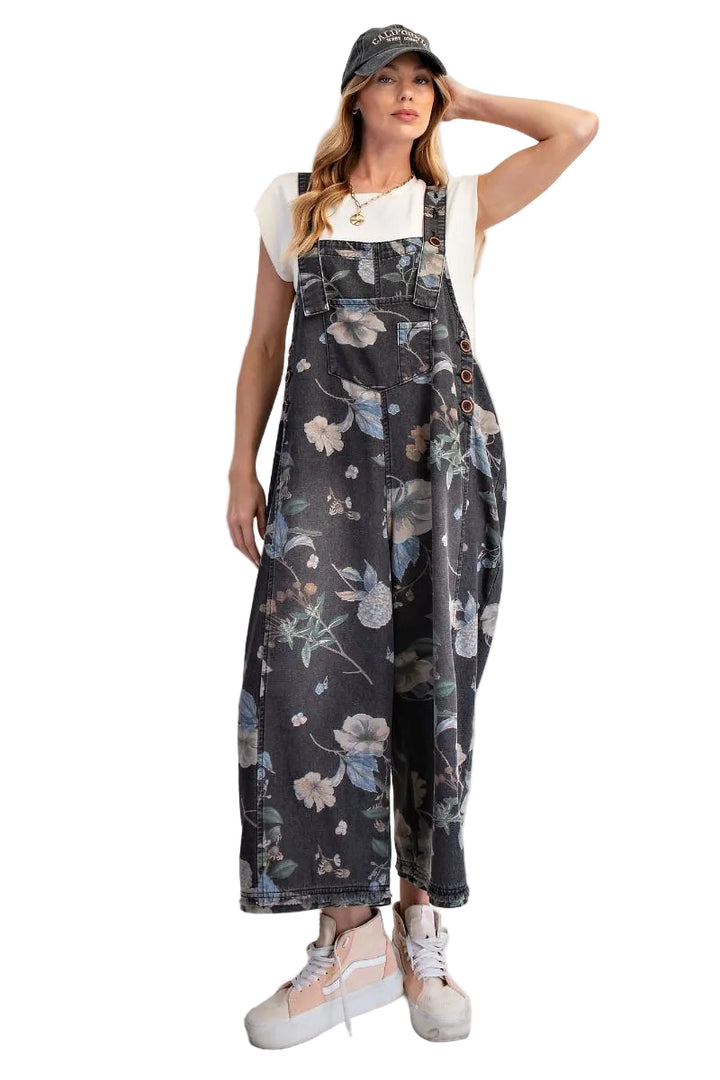 FLOWER PRINTED WASHED DENIM OVERALLS - BLACK DENIM
