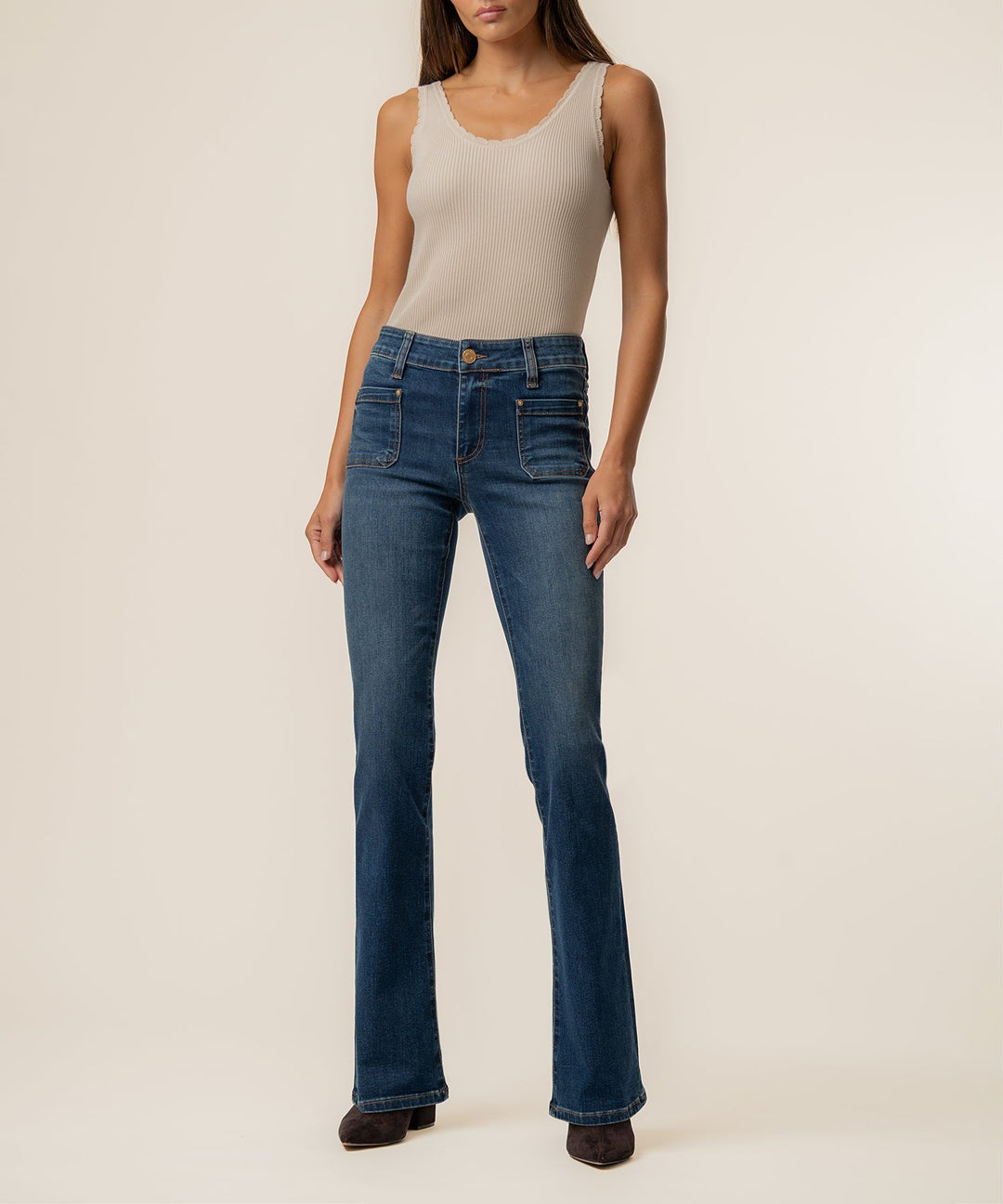 NATALIE MID RISE FLARE WITH PATCH POCKET CLEAN HEM - CHAMP - 33" INSEAM