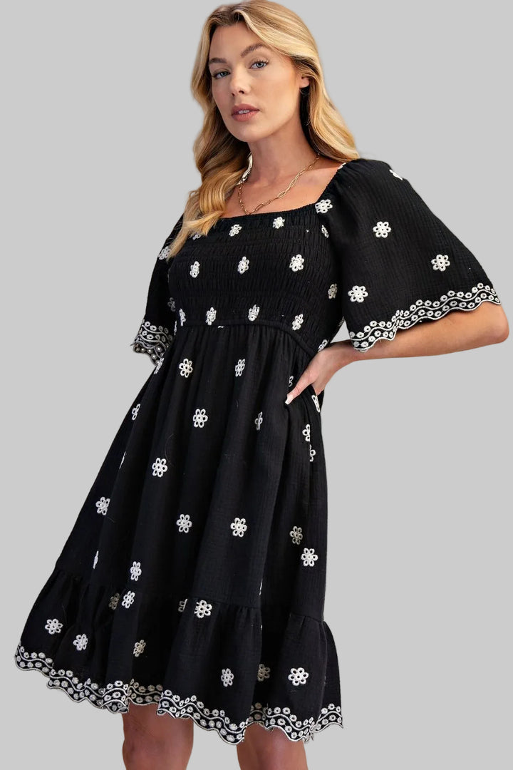 WIDE WING SLEEVE EMBROIDERED COTTON GAUZE SHORT DRESS - BLACK