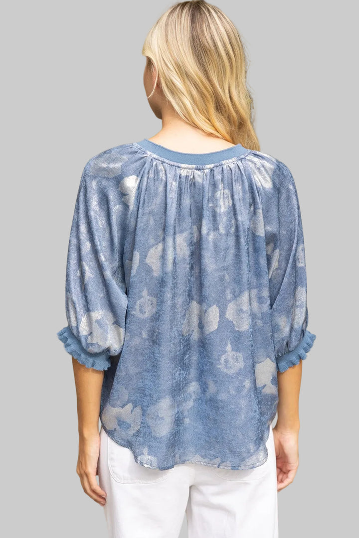 SHORT SLEEVE LUREX LEOPARD RAGLAN TOP - SLATE BLUE