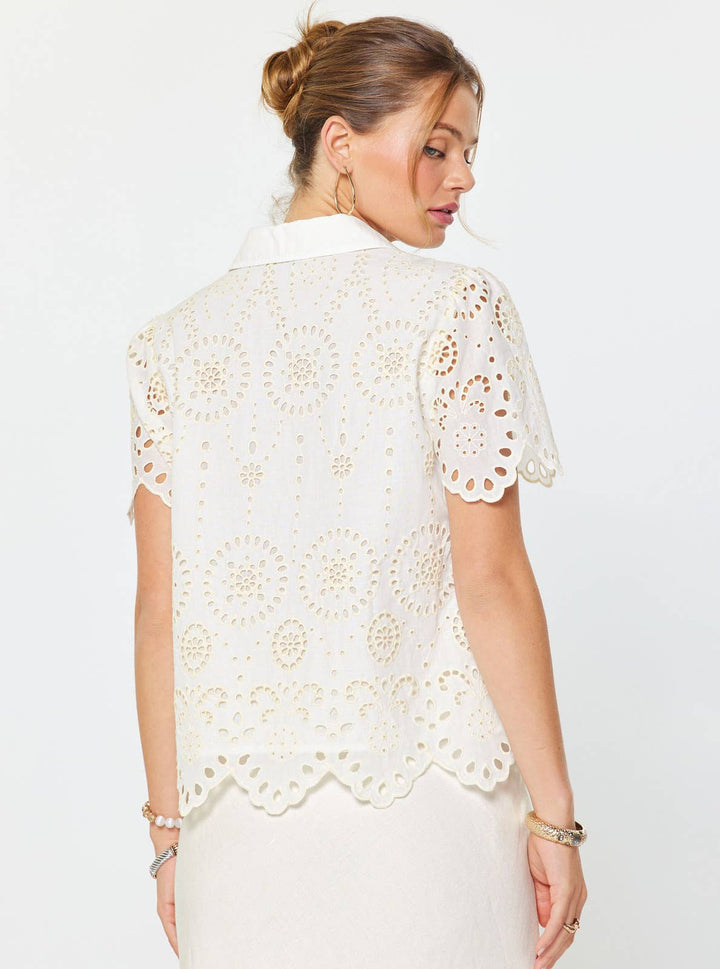 SHORT SLEEVE EYELET EMBROIDERY BLOUSE - WHITE