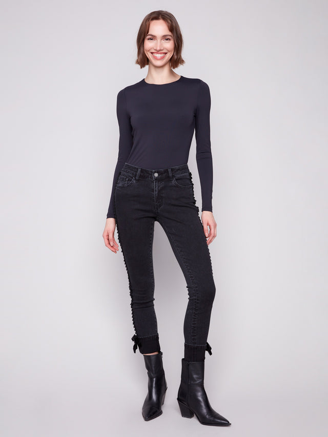 SLIM STRETCH DENIM PANTS W/VELVET BOW TRIM - CHARCOAL