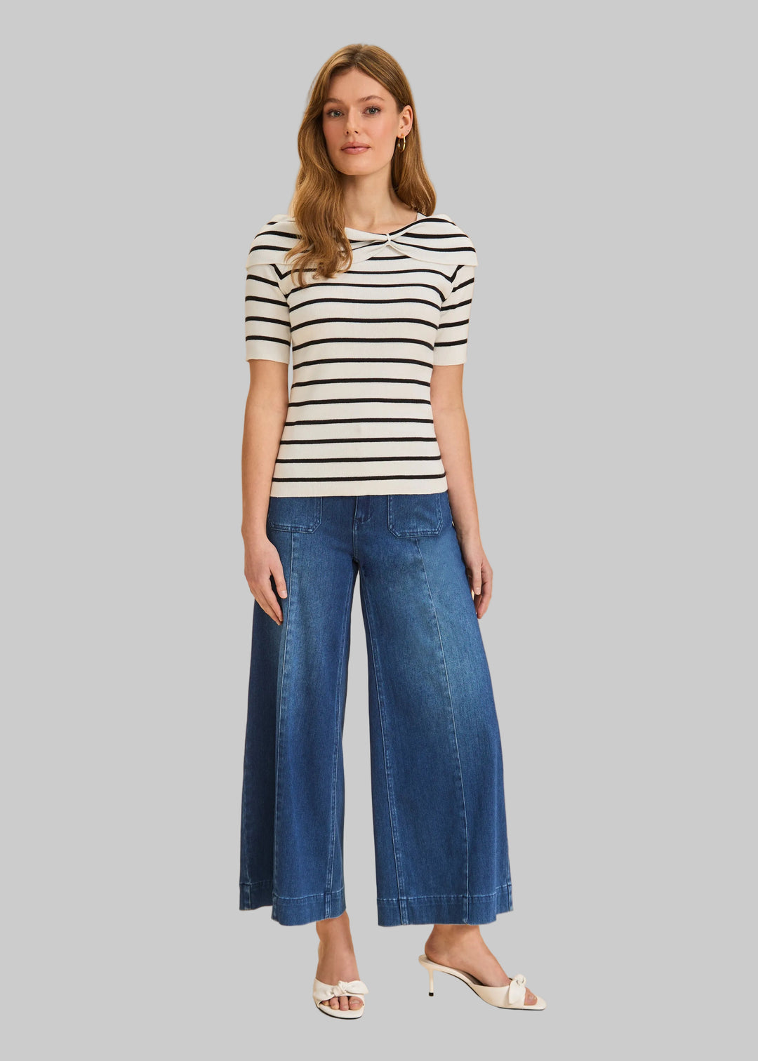 BOAT NECK STRIPE KNIT TOP - BLACK