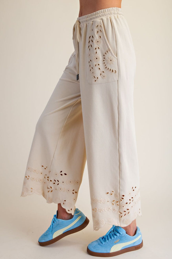EMBROIDERY DETAIL TERRY KNIT PANTS - NATURAL
