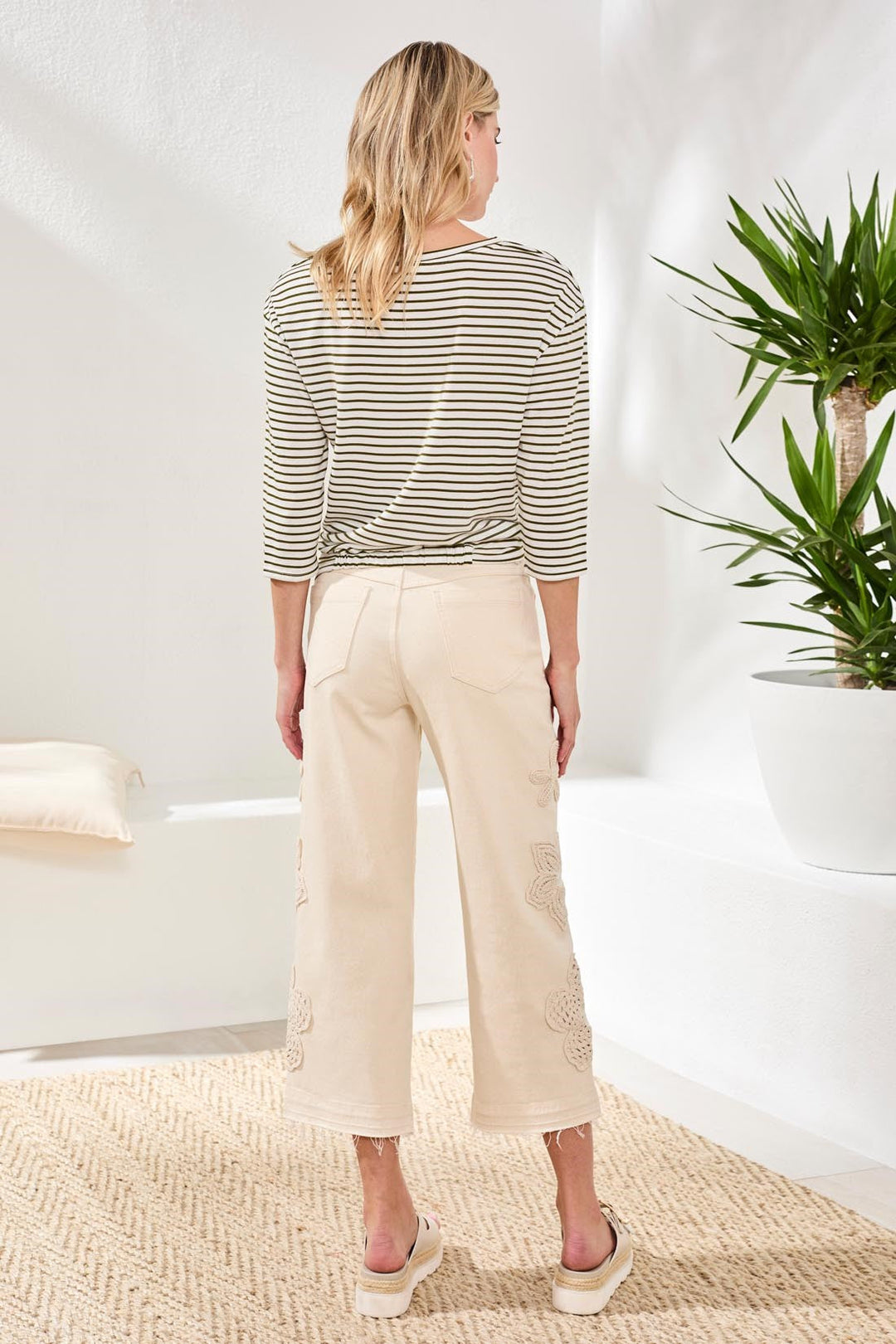 AUDREY BUTTON FLY WIDE CROP W/CROCHET PANTS - ECRU