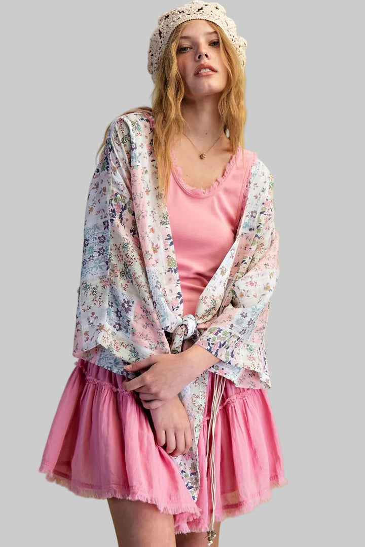 DOLMAN SLEEVE PRINTED POLY CREPE TIE FRONT KIMONO - BLUE CORAL