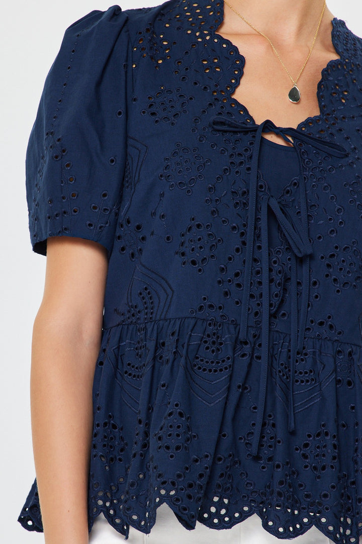 PUFF SHORT SLEEVE TIE FRONT EYELET EMBROIDERED BLOUSE - NAVY