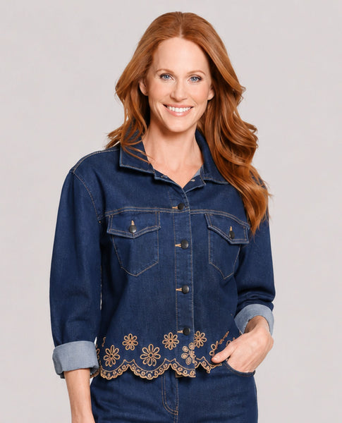 L/S CUFFED SCALLOP EMBROIDERED HEM JACKET - INDIGO