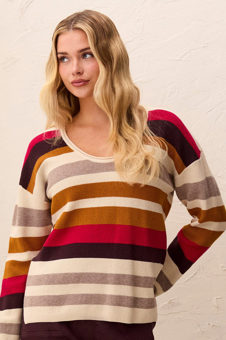 LONG SLEEVE COMBED COTTON U-NECK WAFFLE SWEATER - JAZZY