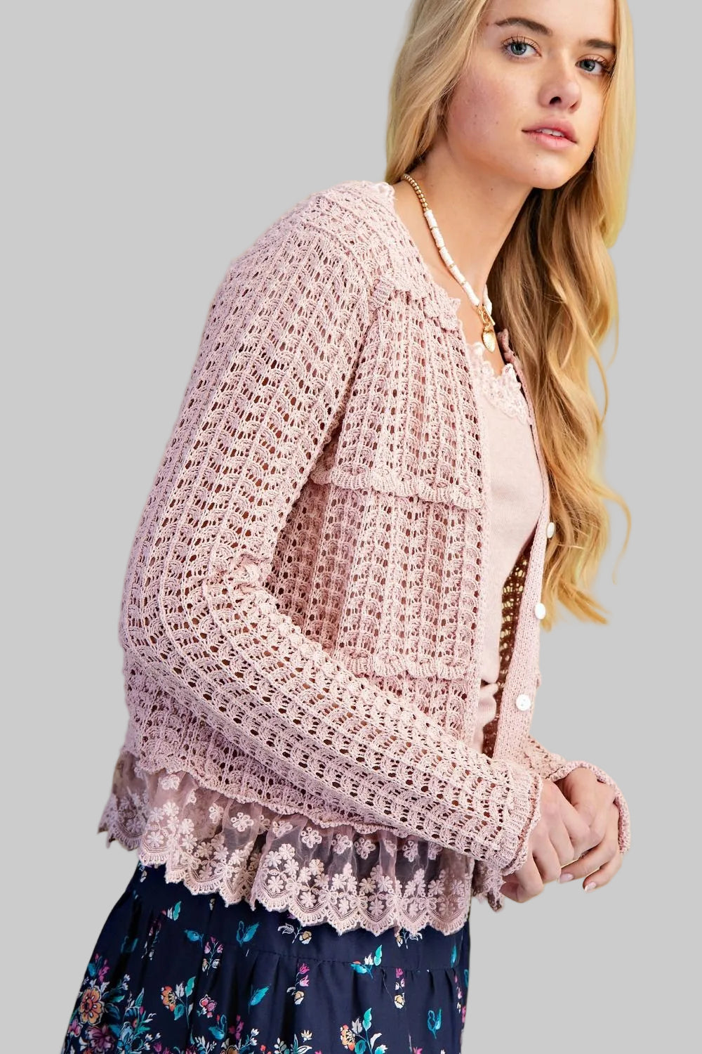 L/S LACE BOTTOM KNIT CARDIGAN - DUSTY ROSE