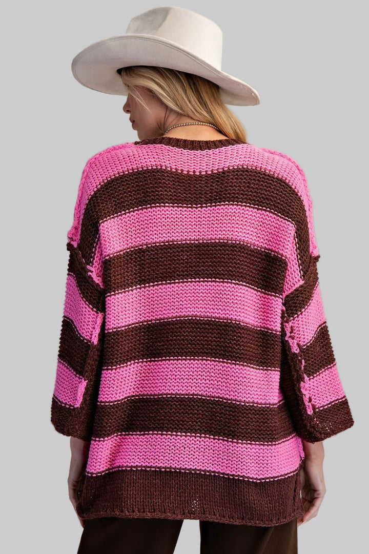3/4 SLEEVE STRIPED CHUNKY KNIT SWEATER - PINK CHOCOLATE