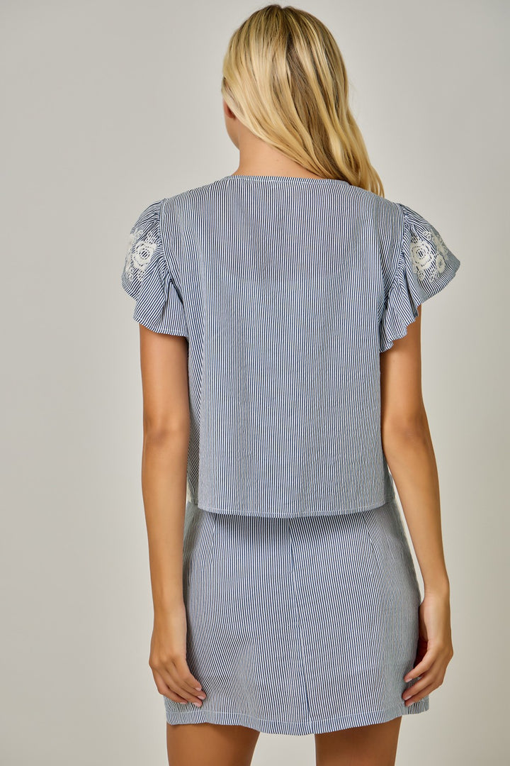 FLUTTER SLEEVE LACE/EMBROIDERED TIE FRONT CARDIGAN - NAVY