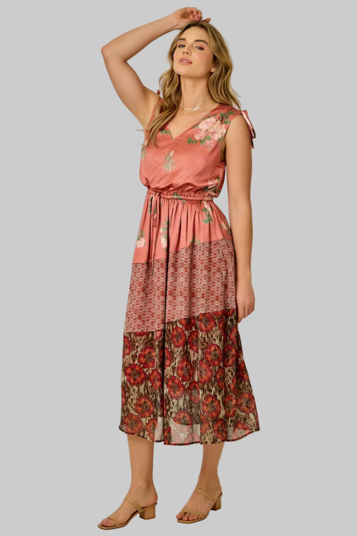 SLEEVELESS SHOULDER TIE MIX PRINT MIDI DRESS - CORAL ROSE