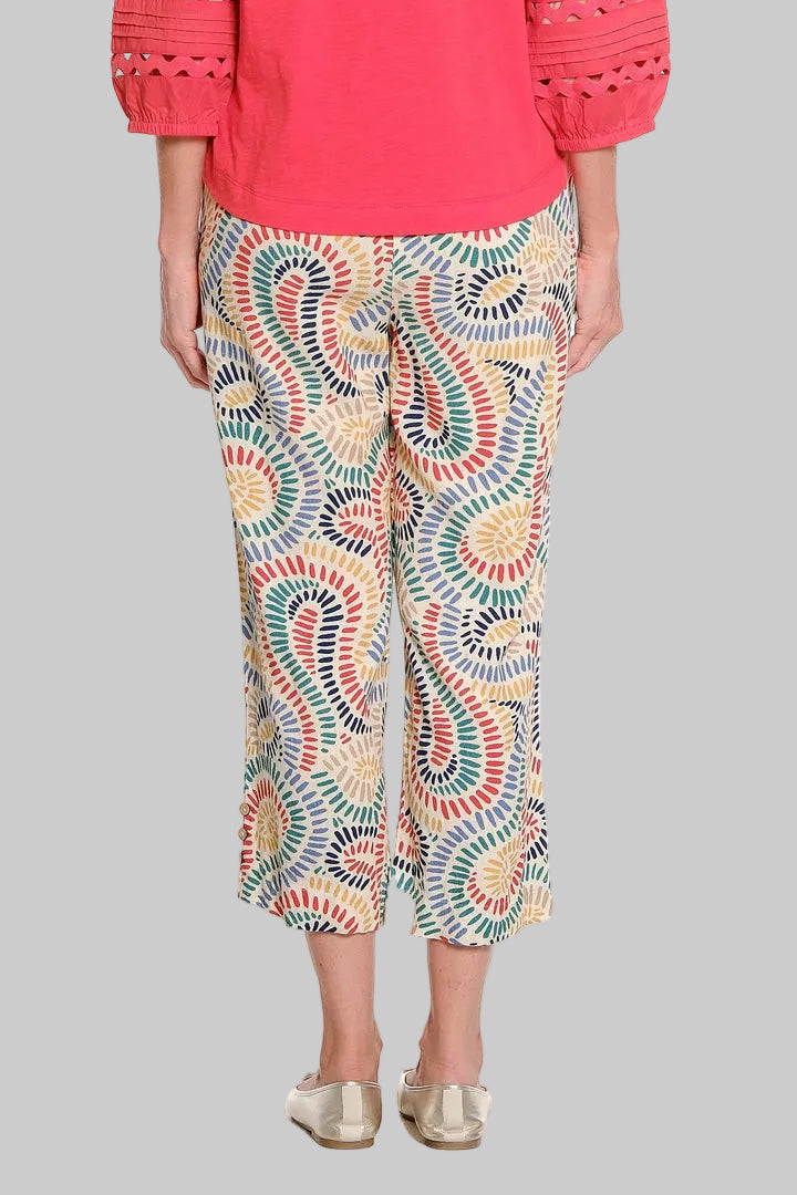 ELASTIC SHIRRED WAIST P/O CROP PANTS - DASH PRINT NAVY/YELLOW