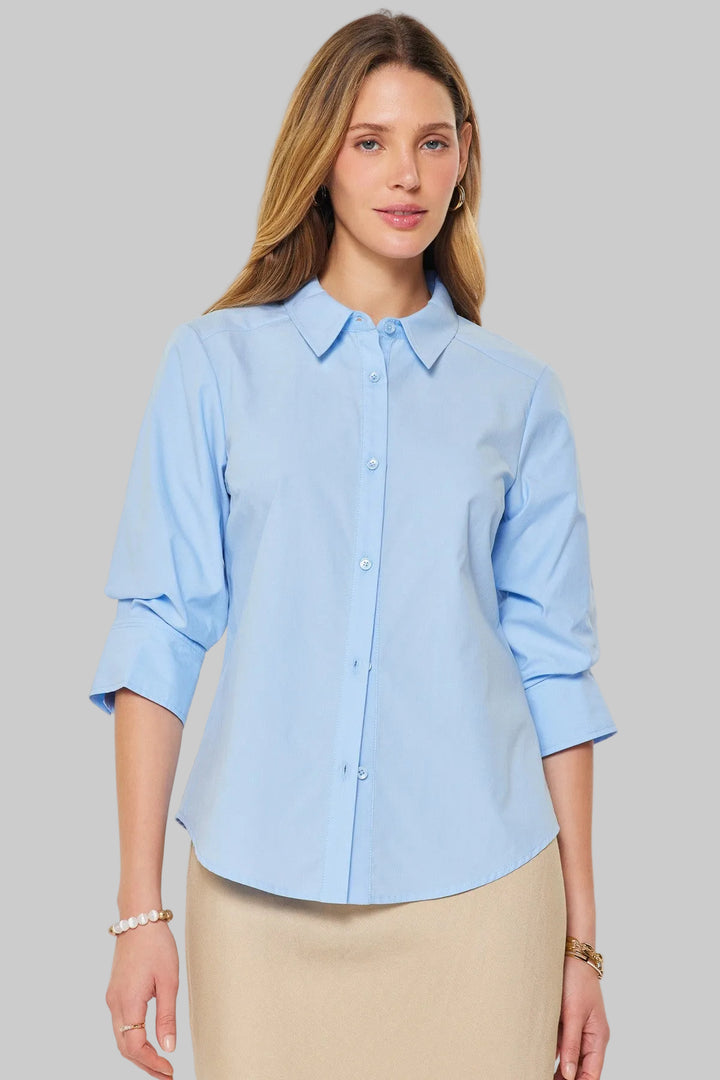 3/4 FIXED ROLLED SLEEVE BUTTON DOWN BLOUSE - PALE BLUE