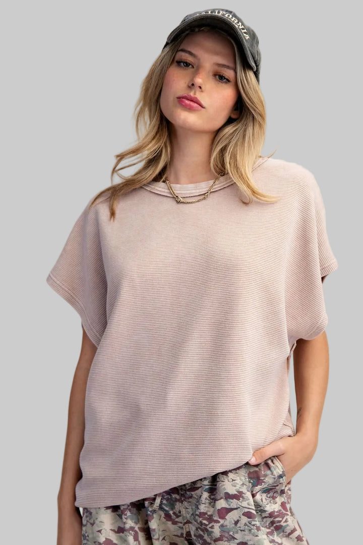 WIDE CAP SLEEVE TEXTURED OVERSIZED TOP - MUSHROOM