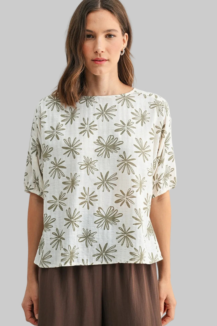 DOLMAN SHORT SLEEVE FLORAL PRINT TOP - IVORY/OLIVE