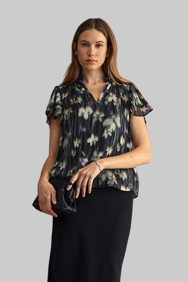 RUFFLE SLEEVE FLOWER PRINT CHIFFON BLOUSE - NAVY