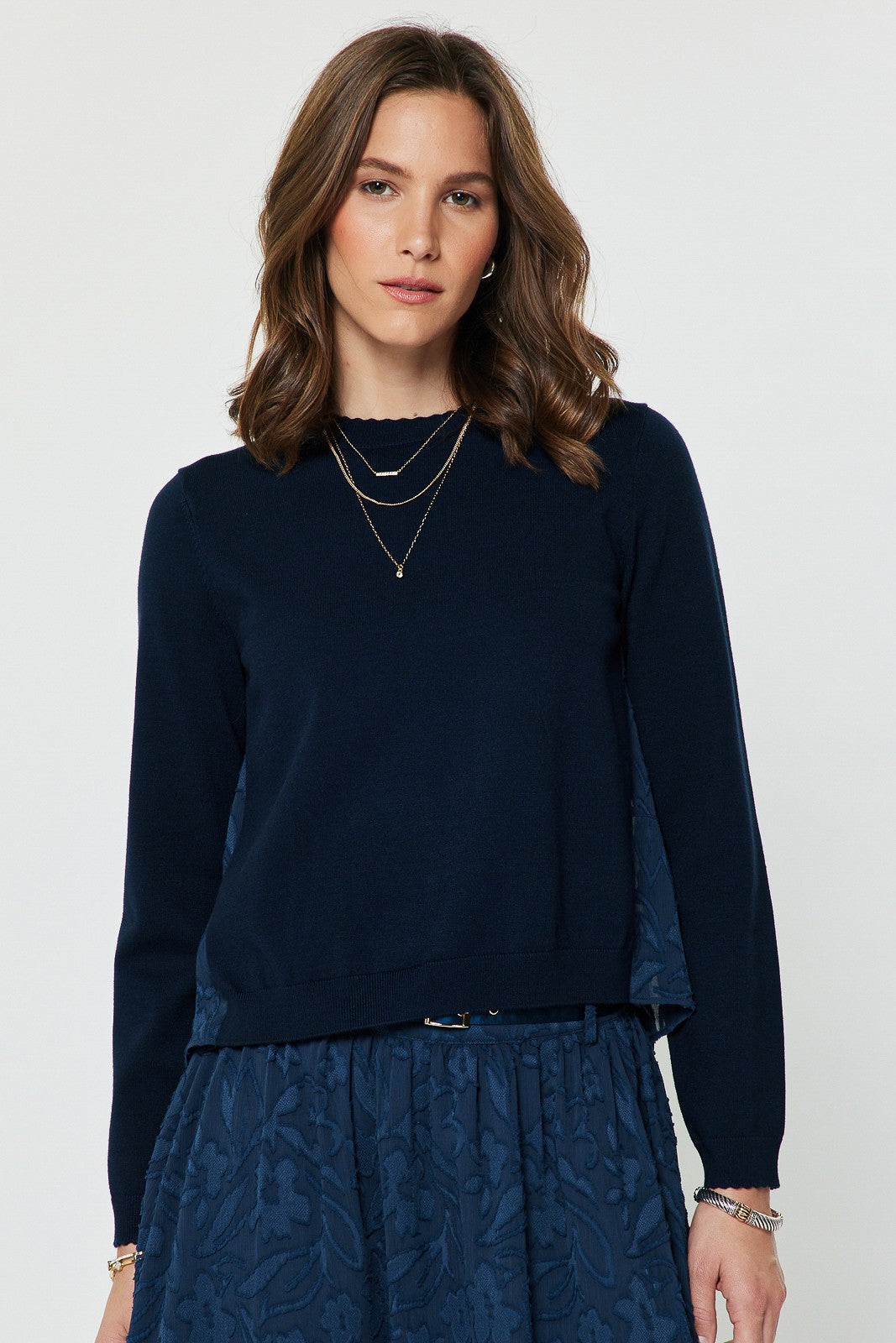 MIXED MEDIA FLORAL BACK SWEATER - NAVY