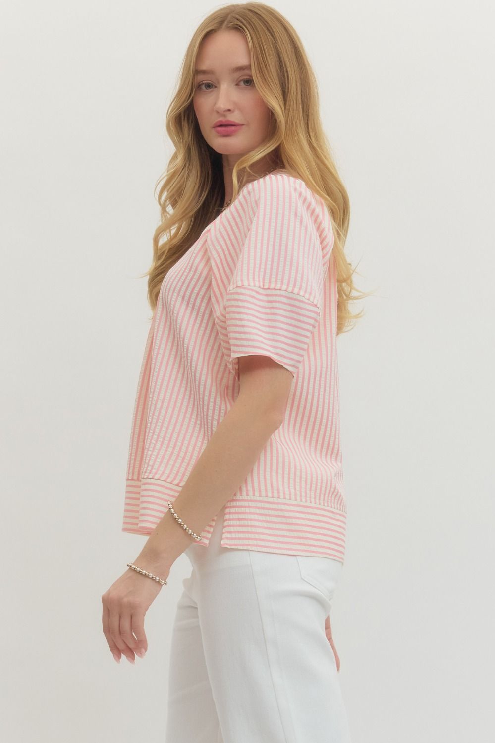 SHORT SLEEVE STRIPED WOVEN TOP - PINK