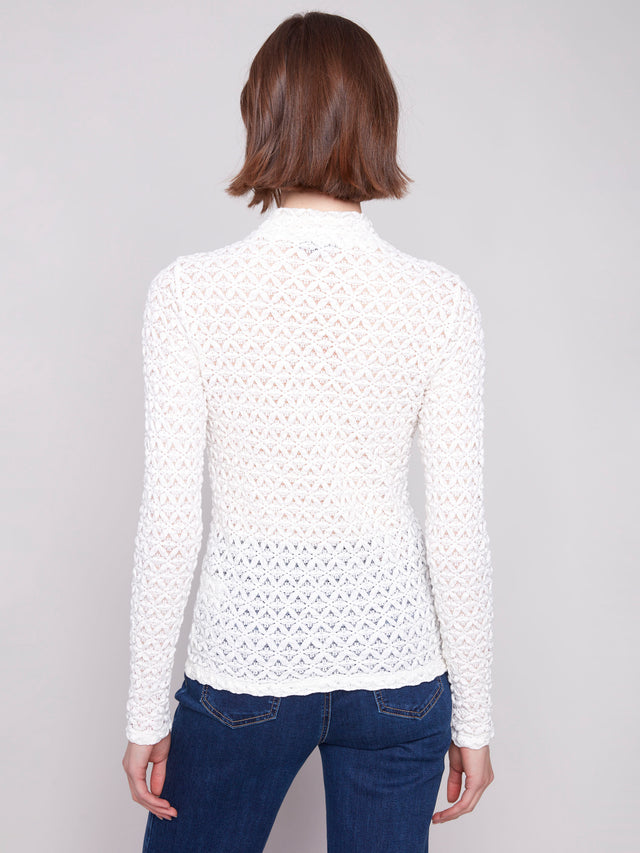 LONG SLEEVE KNIT LACE MOCK NECK TOP - ECRU