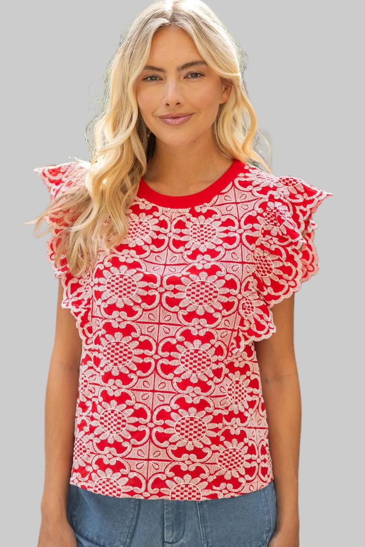 SCALLOP RUFFLE FLORAL EMBROIDERED TOP - RED