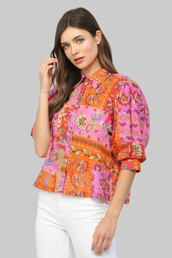 BALLOON SLEEVE FLORAL MOTIF PATCHWORK BLOUSE - FUCHSIA