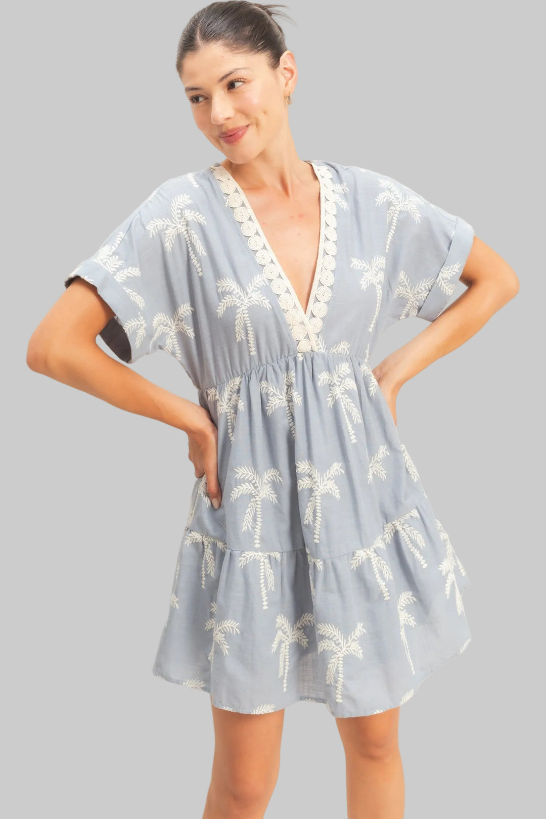 SHORT SLEEVE EMBROIDERED PALM TREE TIERED SHORT DRESS - DUSTY BLUE SMALL SHORT SLEEVE EMBROIDERED PALM TREE TIERED SHORT DRESS - DUSTY BLUE SMALL