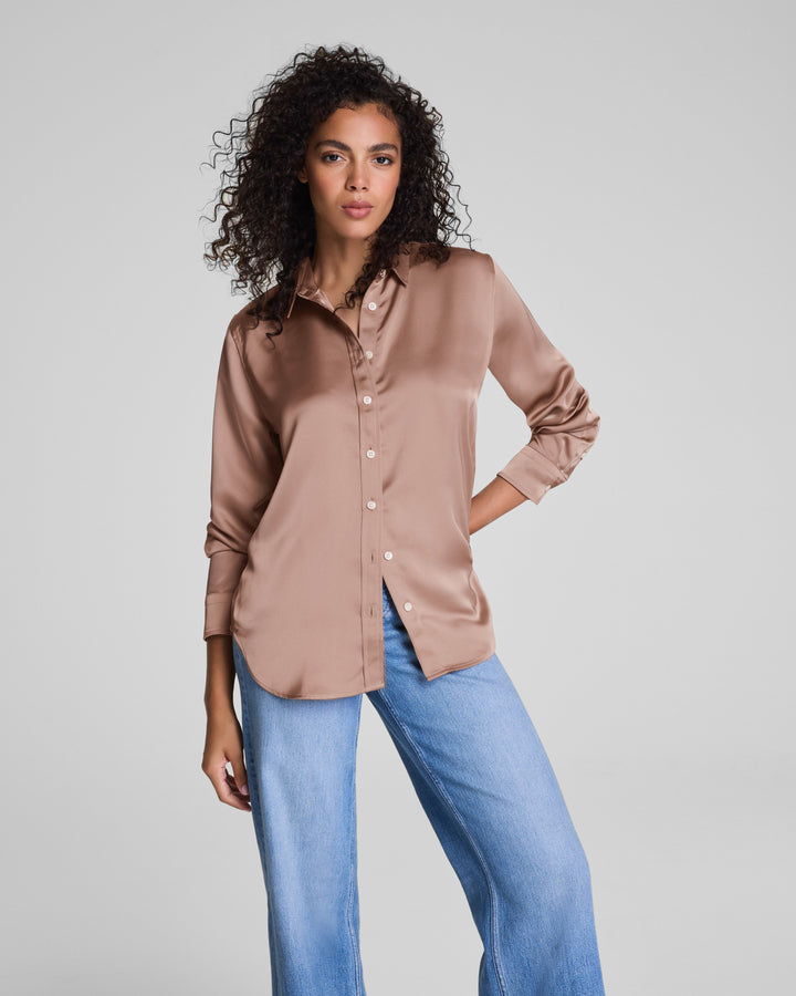 SPANX BETTER THAN SILK BUTTON DOWN TOP - CAFE AU LAIT