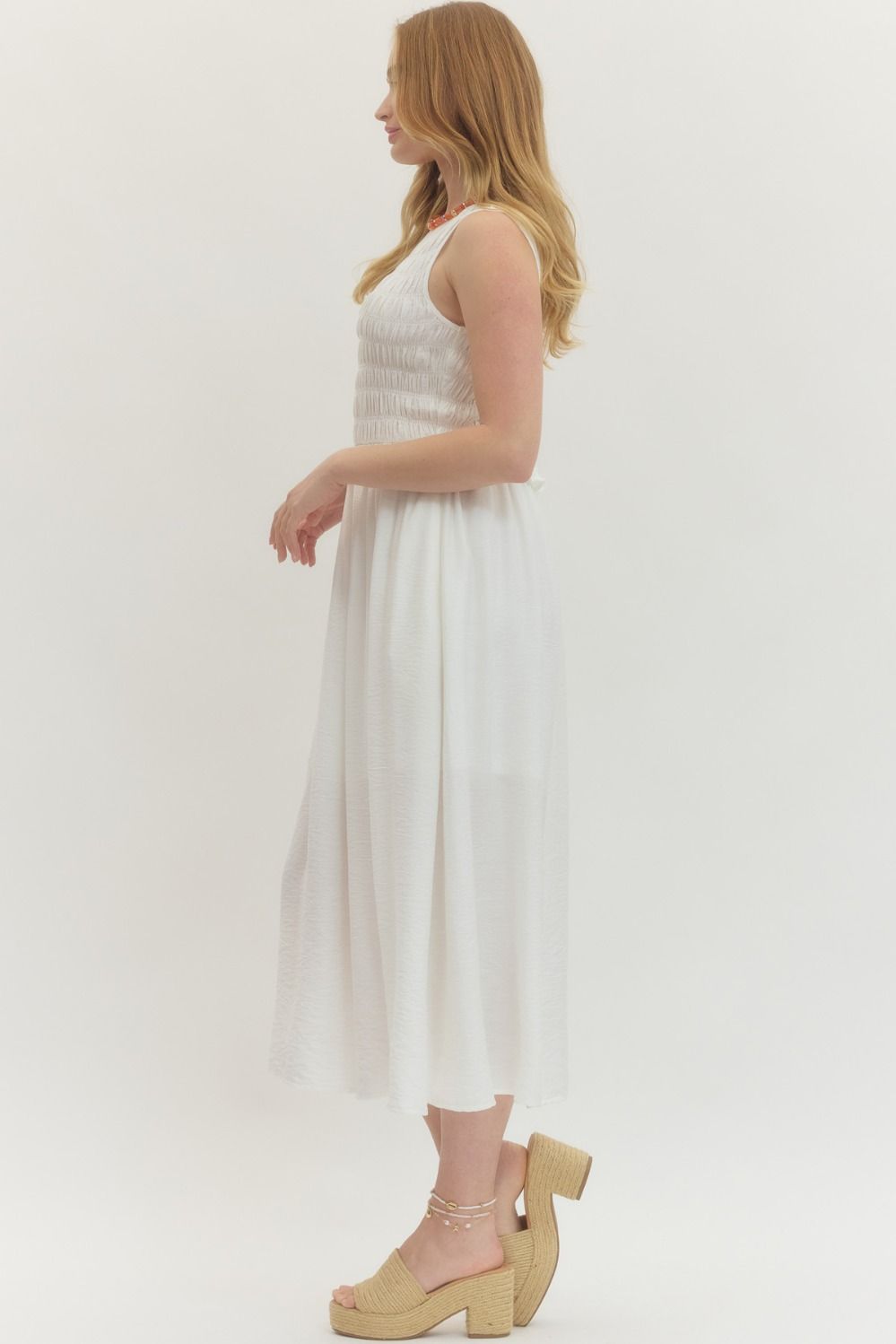 SLEEVELESS SMOCKED BODICE MAXI DRESS - IVORY