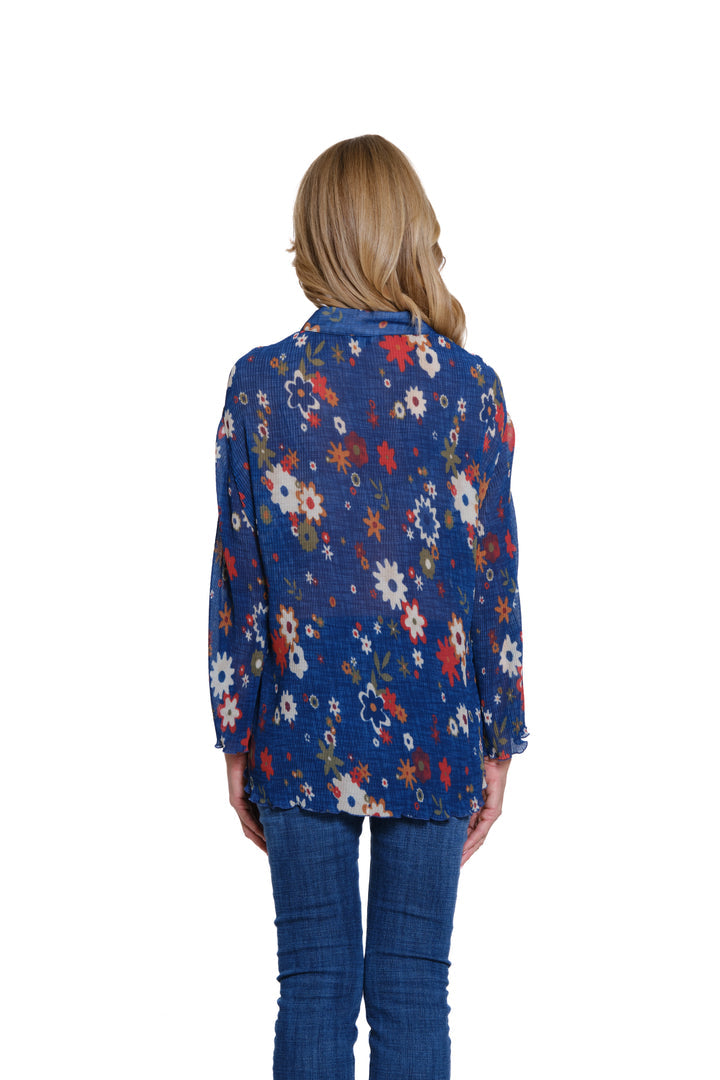 3/4 SLEEVE BUTTON FRONT PLEATED SHIRT - NAVY FLORAL PRINT