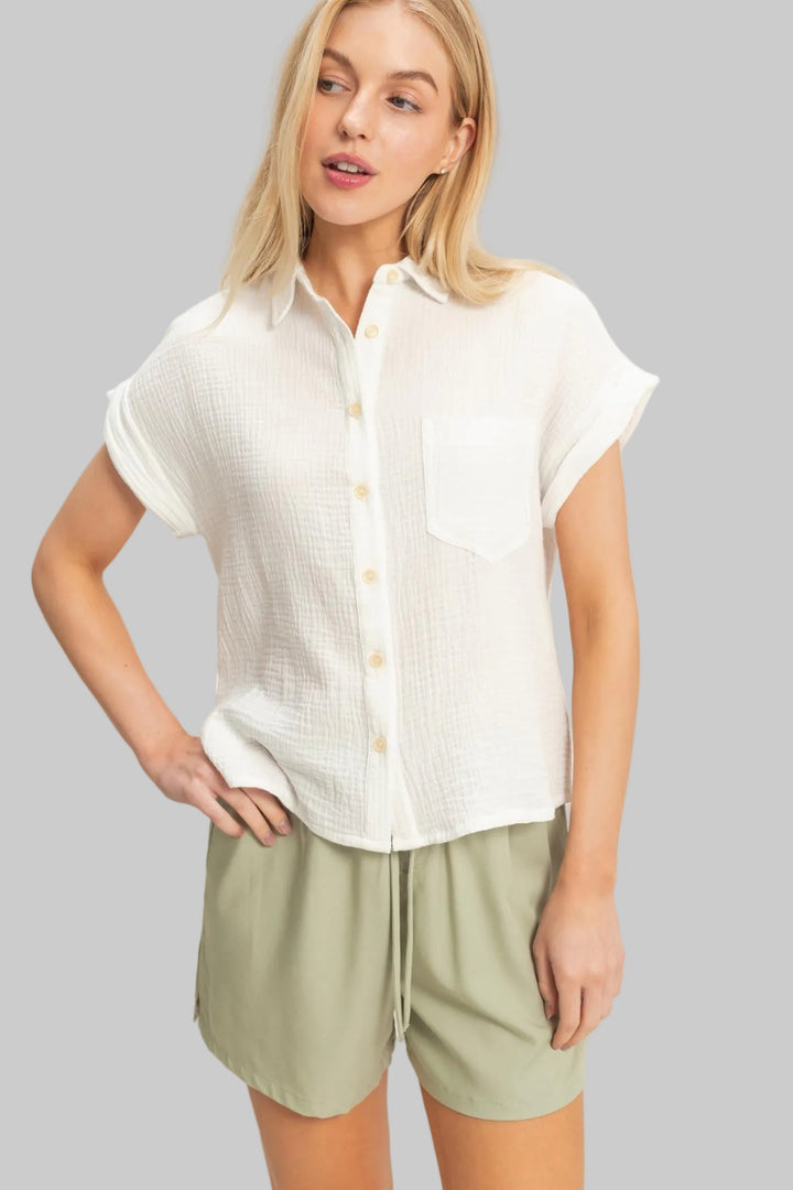 ROLLED SHORT SLEEVE COLLARED BUTTON UP TOP - OFF WHITE