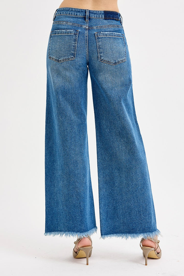 RISEN MID RISE FRAY HEM WIDE LEG JEANS - DARK - 30.5" INSEAM