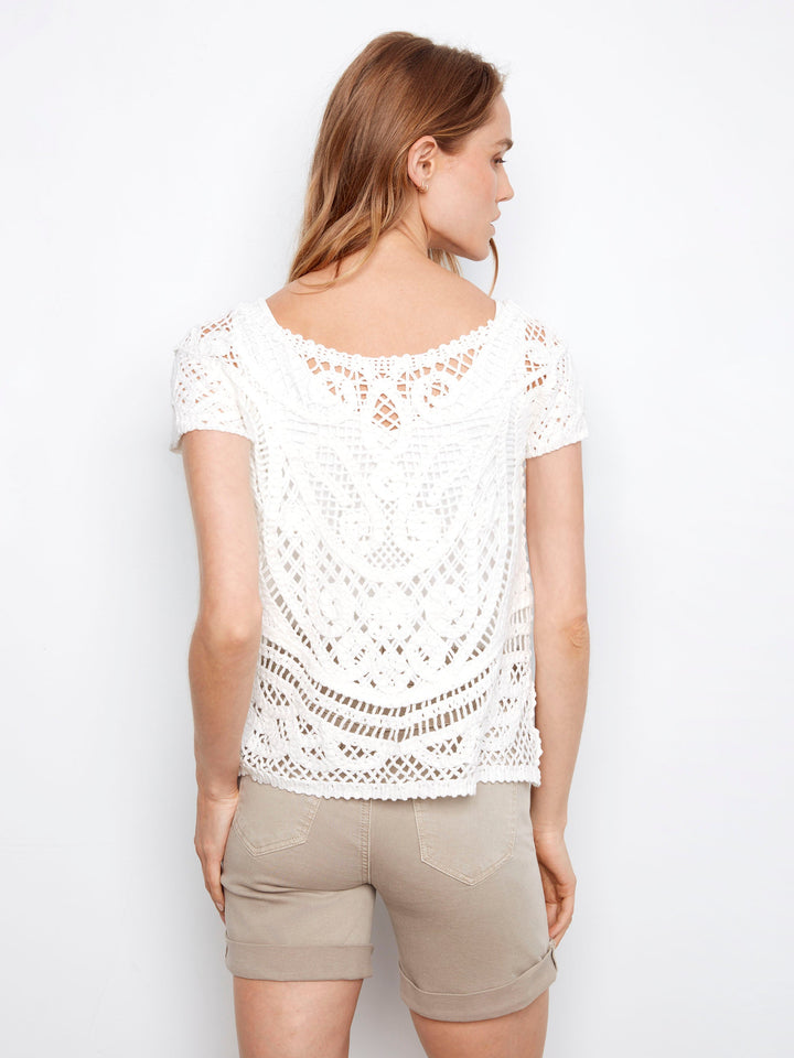 SHORT SLEEVE CROCHET SWEATER W/BACK BUTTONS - WHITE