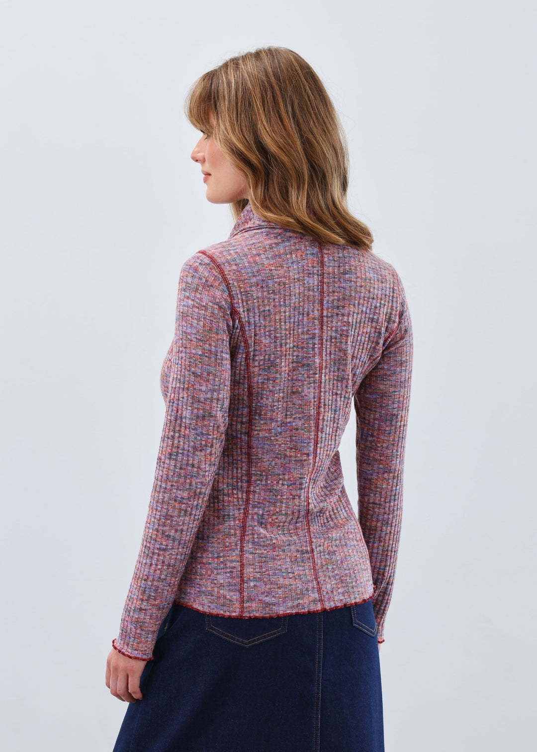 LONG SLEEVE COWL NECK SPACEDYE TOP - MAUVE PURPLE MIX