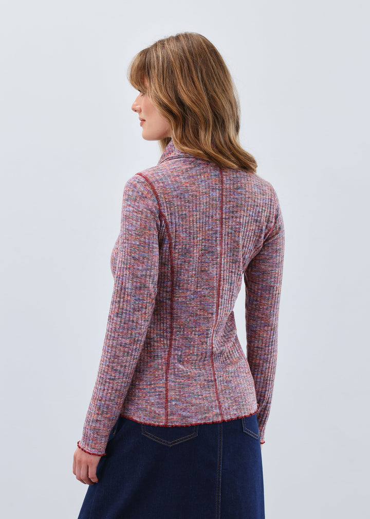 LONG SLEEVE COWL NECK SPACEDYE TOP - MAUVE PURPLE MIX
