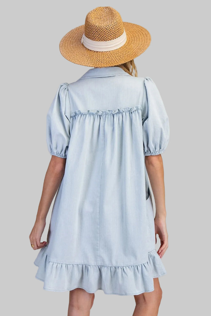 RUFFLE BOTTOM WASHED CHAMBRAY SHORT DRESS - LIGHT DENIM - MEDIUM