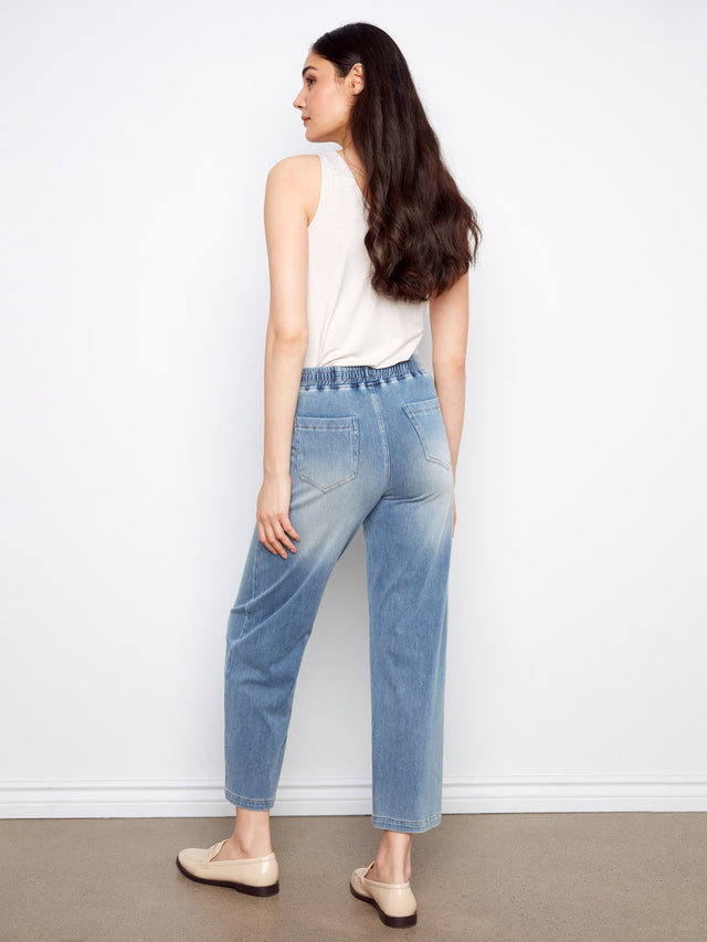 KNIT DENIM WIDE LEG JOGGER PANTS - MEDIUM BLUE