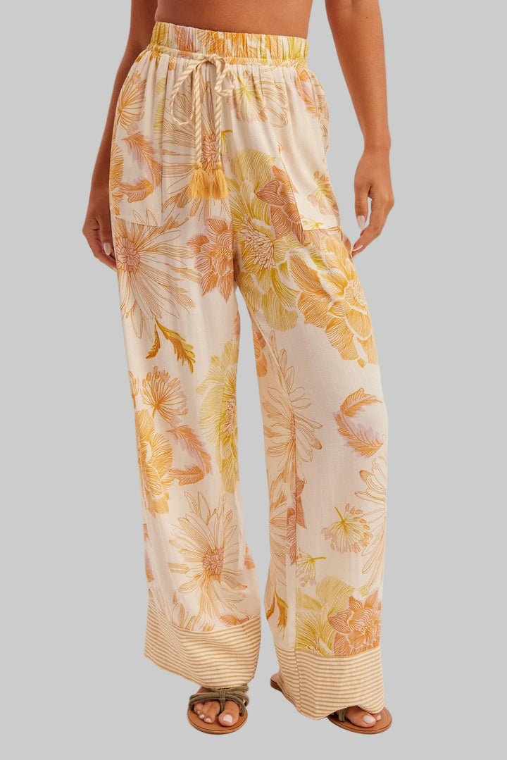 STRIPE CONTRAST FLORAL PRINT PANTS - CREAM/MUSTARD
